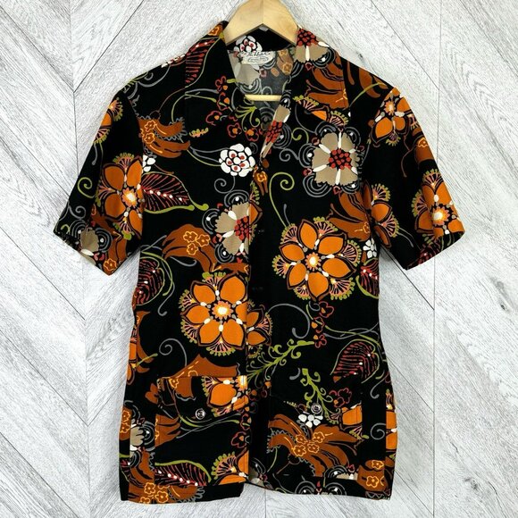 Vintage 60s Hawaiian Safari Style Shirt Cabana Floral Retro Mod Mens Medium - Picture 1 of 6